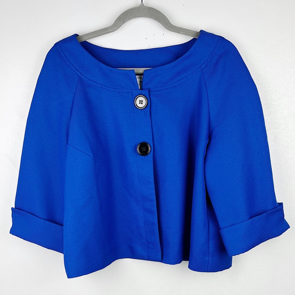 Dress Barn Woman Blue Cropped Blazer Jacket Button Front 16W Short Sleeve